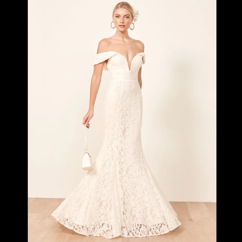 Reformation Off-Shoulder Lace Wedding Gown in Ivory